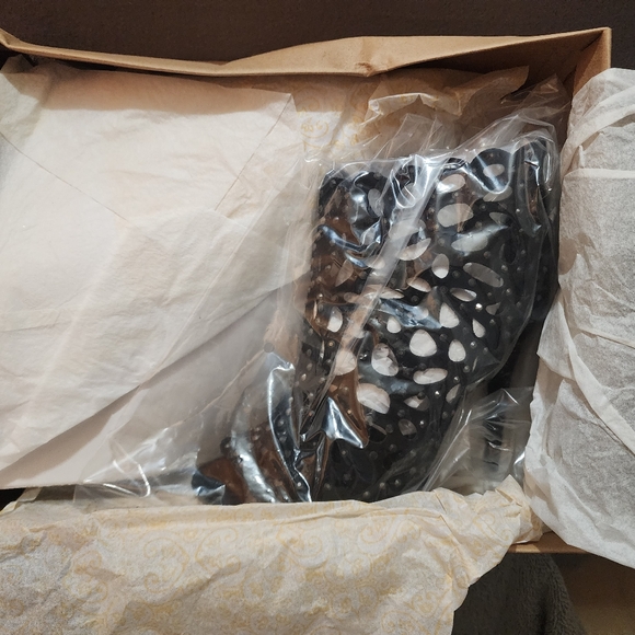 Macys Black High Heel Stappy Bootie with Zipper with Rhinestones - Picture 3 of 16